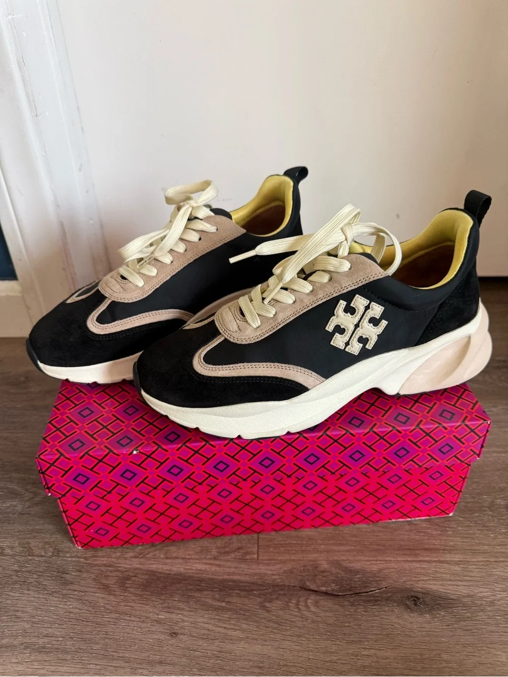 Tory Burch Black, Beige & Cream Logo Chunky Sneakers 8.5